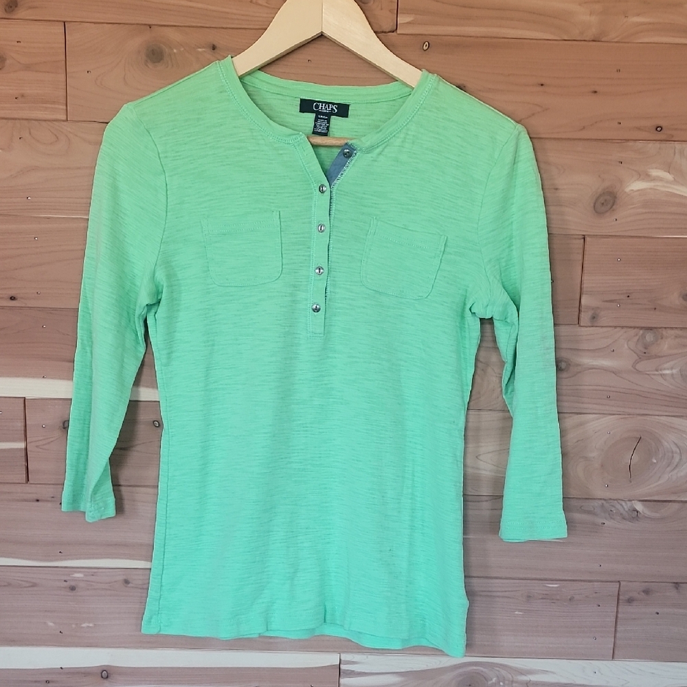 Chaps Lime Green 3/4 Sleeve Henley Top, Size S, Soft